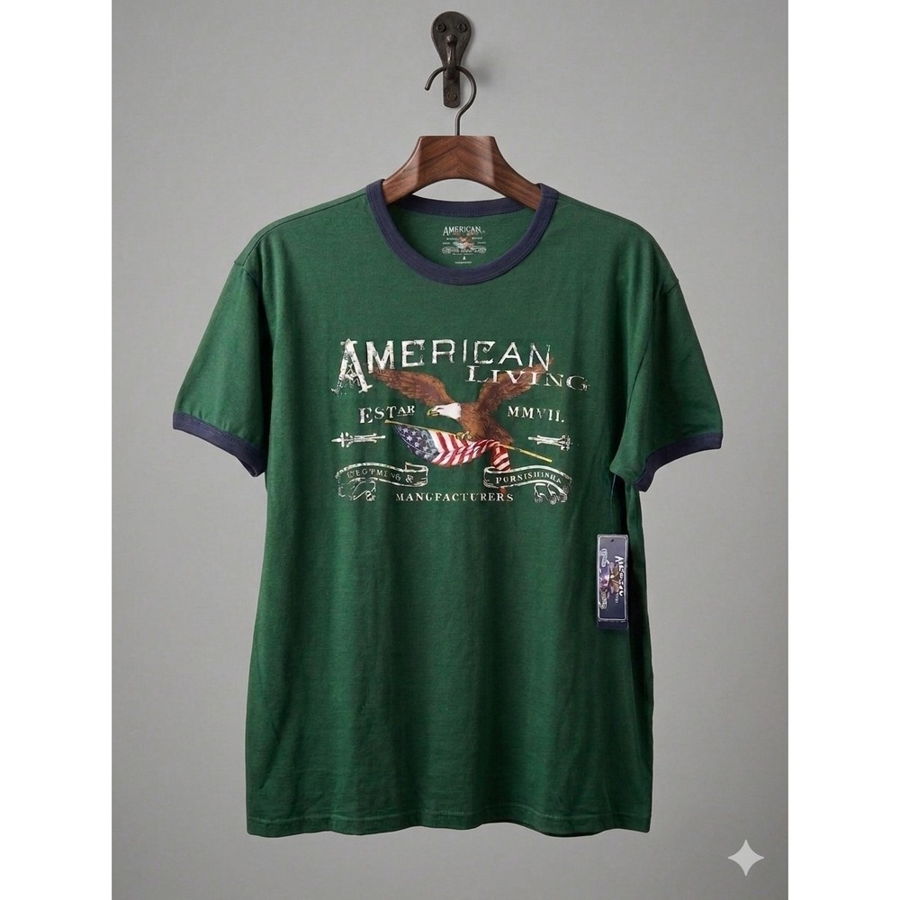 Y2K American Living Ralph Lauren Patriotic Eagle USA Flag Ringer T-Shirt Small